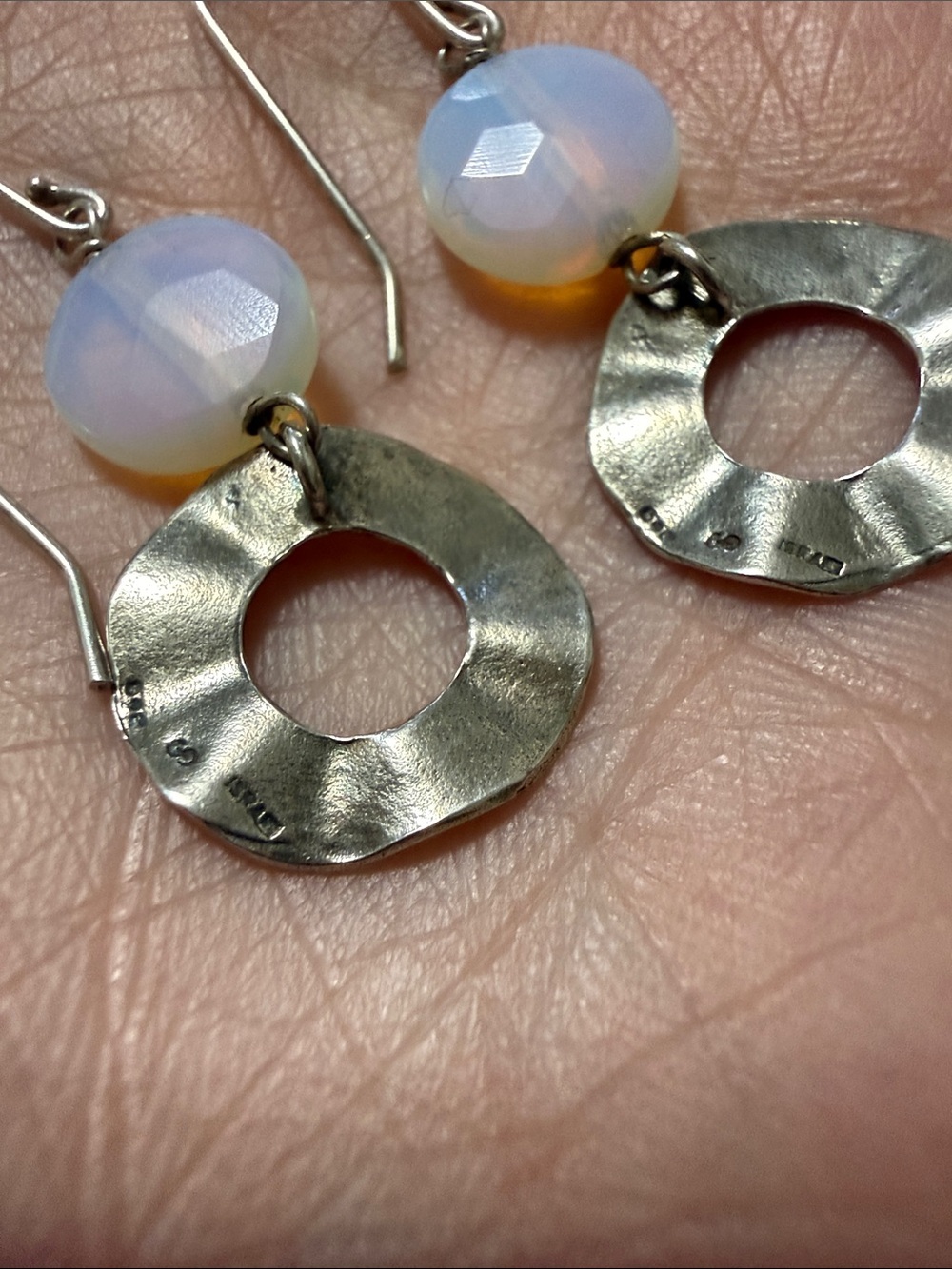 Sterling Silver 925 Opal Bead and Hammered Silver Drop Earrings - Picture 5 of 10